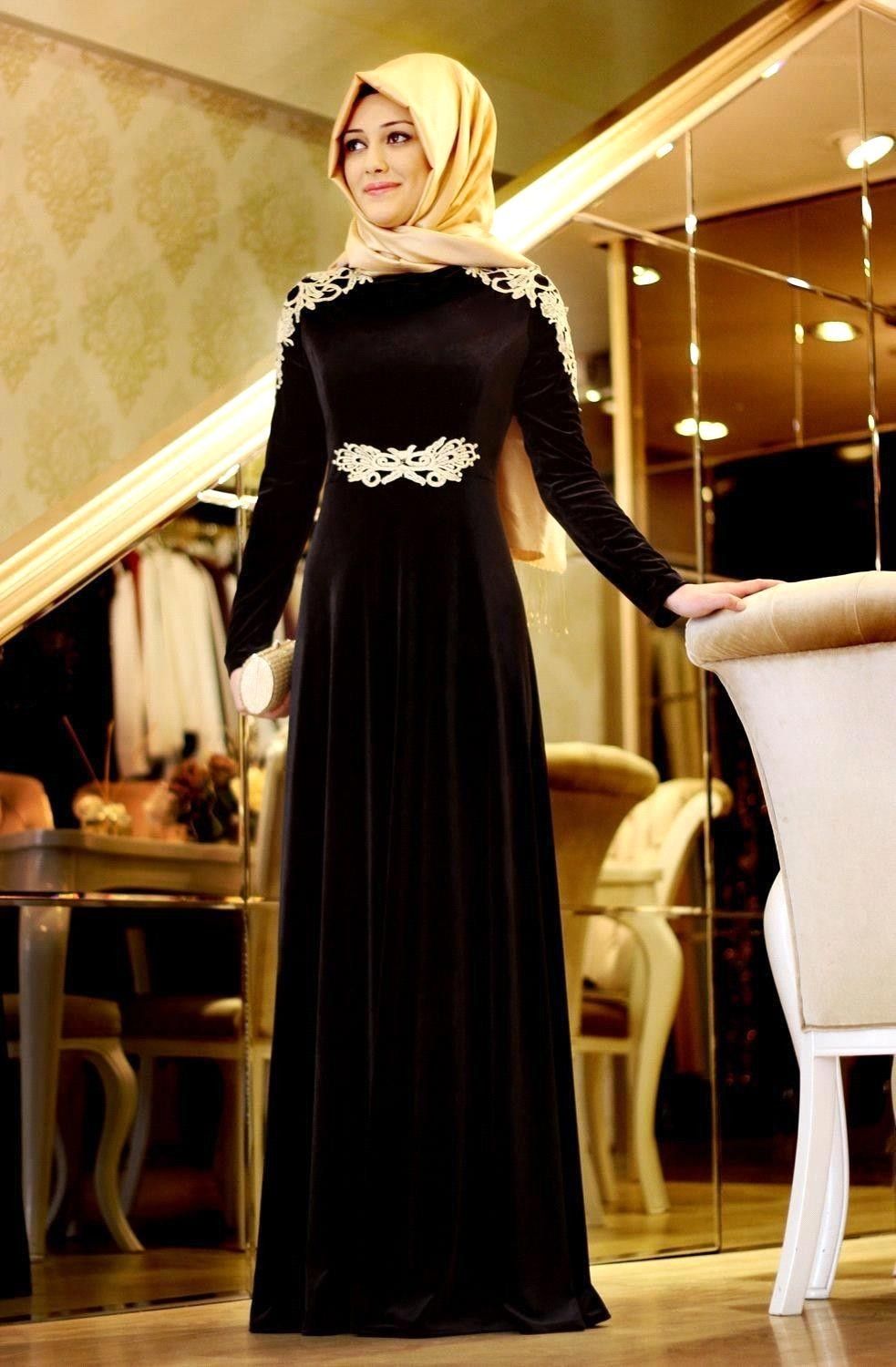 Middle East Black Dubai Muslim Evening Dresses Velvet Long Sleeves Kaftan Abayas Arabic Prom Dresses Floor Length Robe Islamic Gowns Even Dress