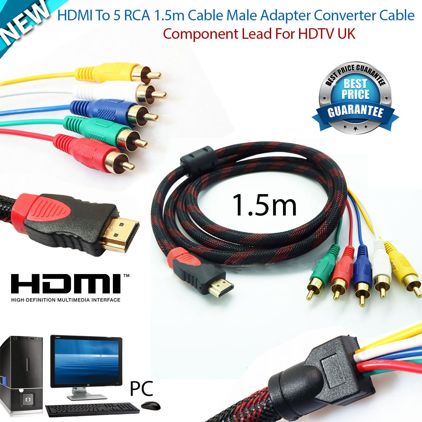 Nuevo HDMI macho a 5 RCA Audio Video 1080P convertidor componente AV Cable adaptador