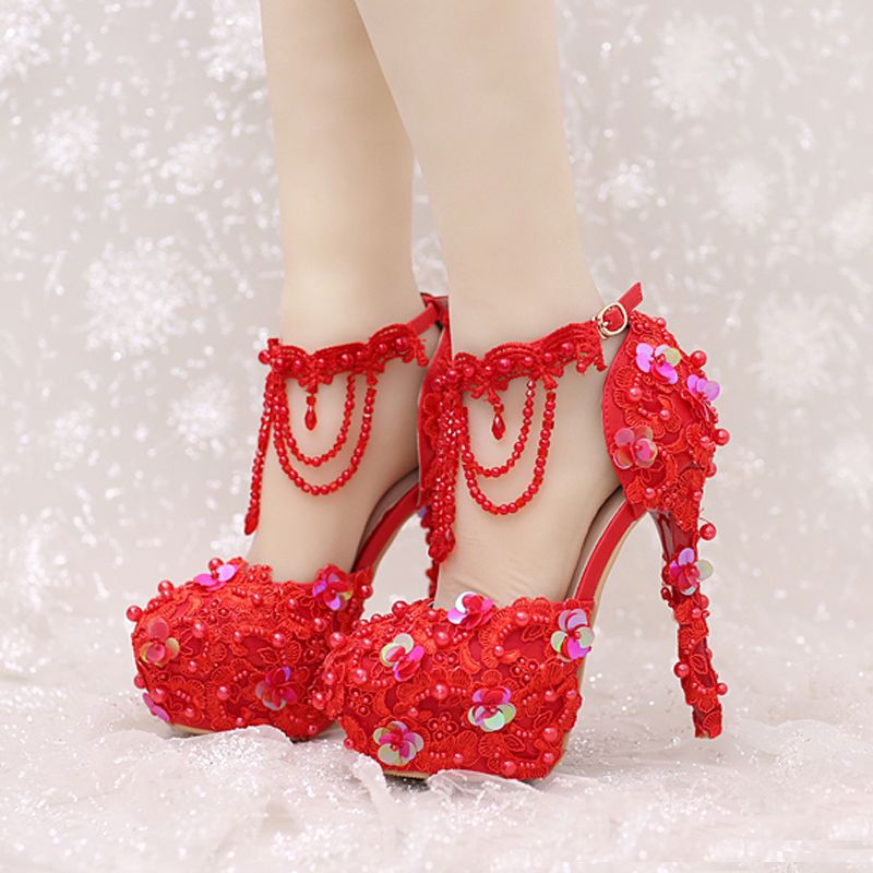 New Design Ankle Strap Heels White And Red Lace Bridal Dress Shoes