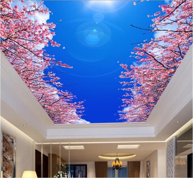 3d Wallpaper Custom Photo Non Woven Mural Wall Sticker 3 D Blue Sky Cherry Blossom Ceiling Mural Painting 3d Wall Room Murals Wallpaper Beautiful