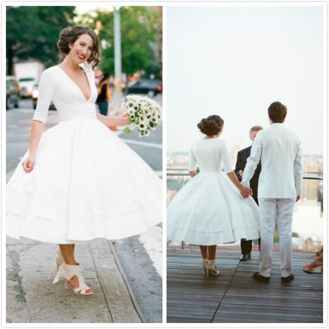 Long sleeve tea length bridal gowns Clearance