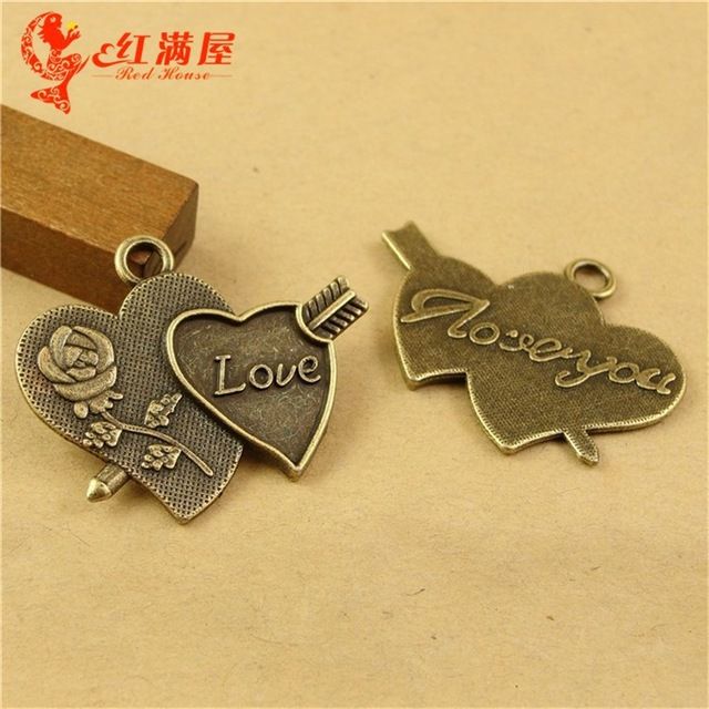 50 Pcs 16x8mm DIY Key Love Heart Bronze Metal Alloy Pendant Jewelry Findings