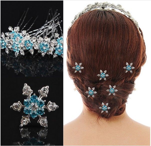 Frozen Bridal Hair Accessories Blue White Silver Plated U Pins