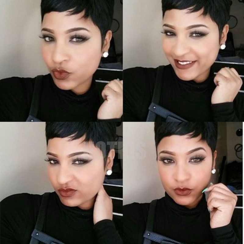 Hotkis 100 Human Hair Pixie Short Cut Wigs Black Very Short Hair