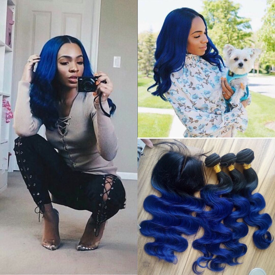 10a Grade Blue Ombre Brazilian Hair With Closure Two Tone Ombre
