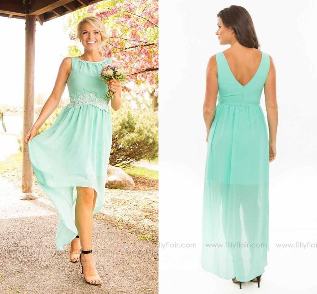 2016 Simple Modest Mint Green Bridesmaid Dresses High Low V Back Lace Chiffon Junior Bridesmaid