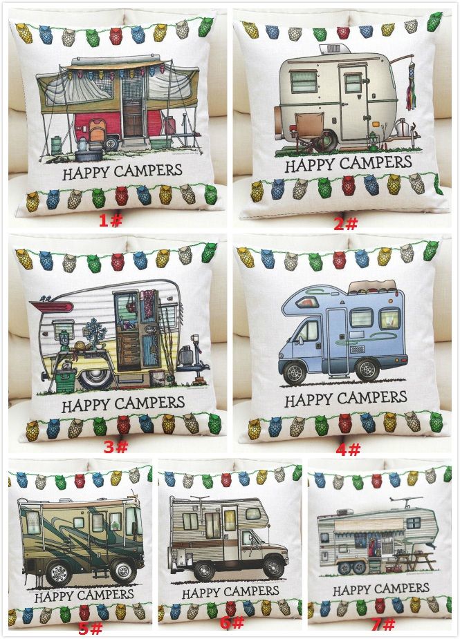 Happy Campers RV Linen Sofa Waist Pillow Case Cushion Cover Car Office HomeDecor