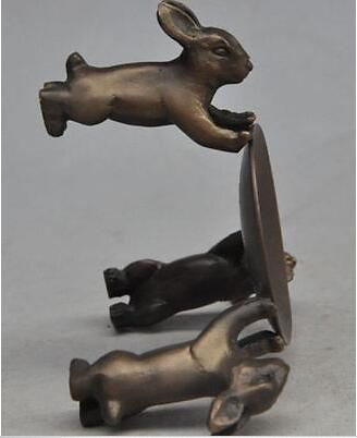 4" old chinese bronze animal zodiac Lovely Rabbit Plate Lampstand Candlesticks .