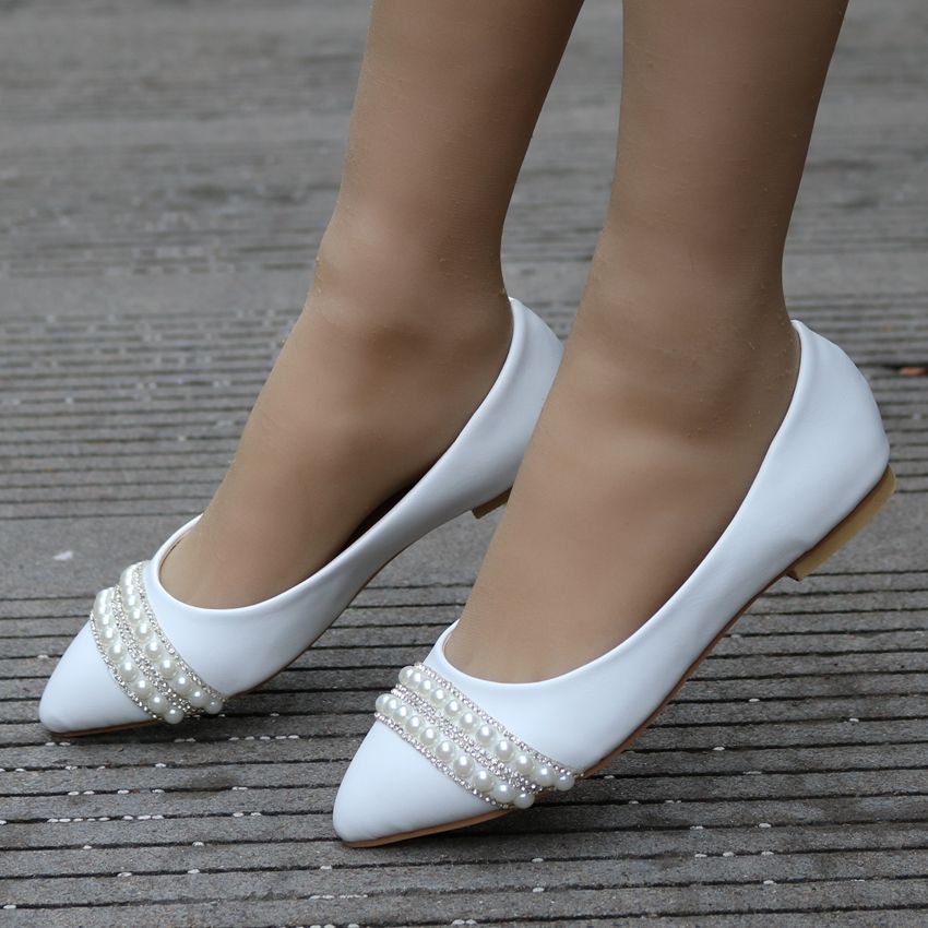 Women Bridal Shoes Handmade Lady Pearl White Wedding Shoes Flats