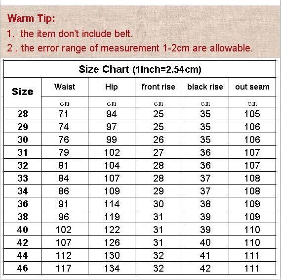 Jeans Size Chart Mens