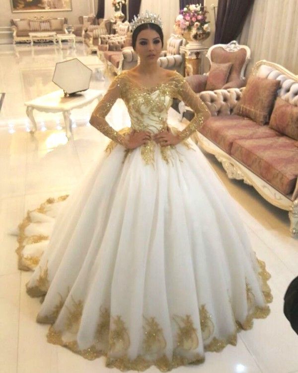 Vestidos de novia con corsé blanco dorado y marfil Ilusión con cuello redondo transparente Ilusión mangas largas Apliques de encaje con cuentas Vestidos de novia brillantes e hinchados Vestidos de novia con corsé blanco dorado y marfil Ilusión con cuello redondo transparente Ilusión mangas largas Apliques de encaje con cuentas Vestidos de novia brillantes e hinchados