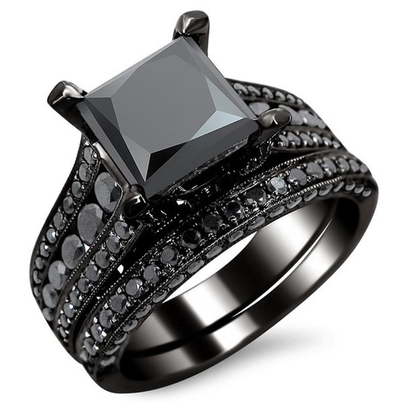 princess cut black zircon bridal set black gold filled solid ring set 2016 top fashion black - Black Wedding Rings Sets princess cut black zircon bridal set black gold filled solid ring set 2016 top fashion black - Black Wedding Rings Sets