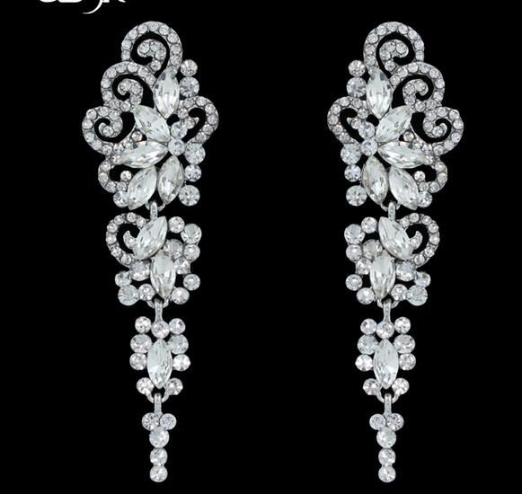 Color de plata de lágrima grande cristal de gota largos para mujeres novia grandes pendientes