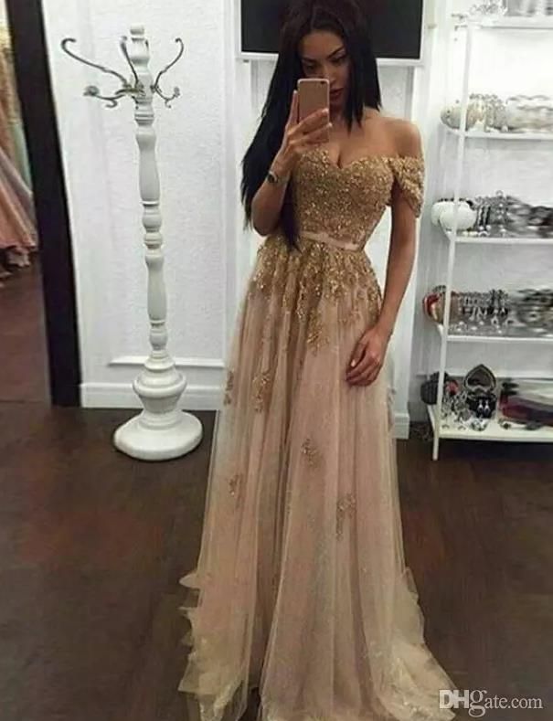 Champagne Lace Beaded Arabic Evening Dresses Sweetheart A Line Tulle Off  The Shoulder Prom Dresses Vintage Cheap Formal Party Gowns Designer From  Crown2014, $68.88 | DHgate.Com