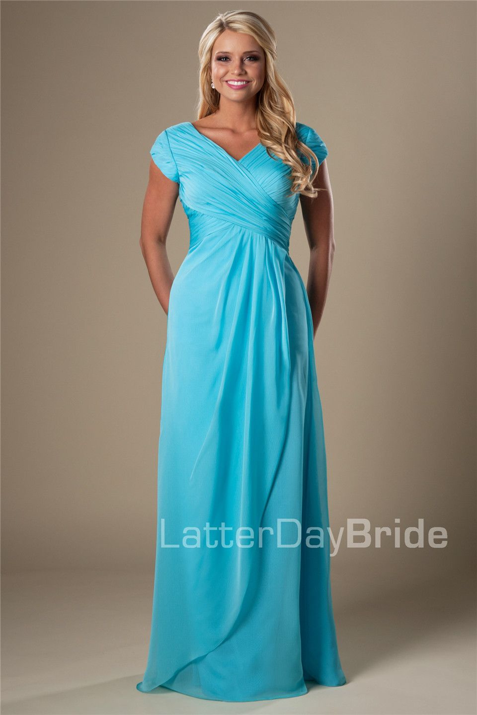 Blue Chiffon Modest Bridesmaid Dresses With Cap Sleeves Long Floor ...