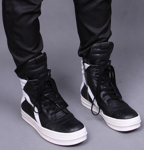 Top Quality New Owens Geobasket Leather Boots Black With White High Top Leather Sneakers Side Zipper Couples Men Boot Shoes 100% Real Photos Silver