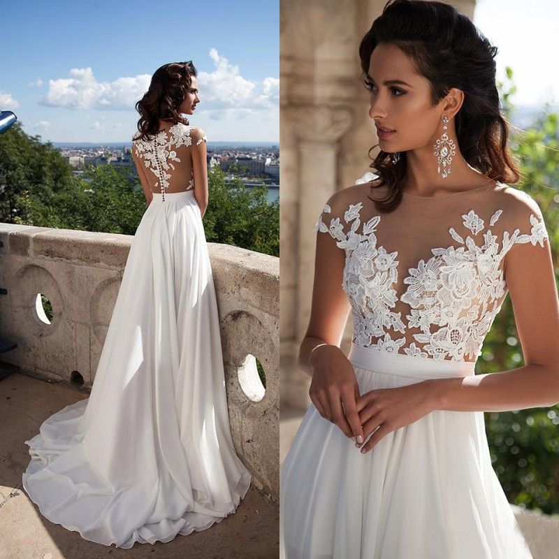 Discount Sexy Bridal Summer Dresses 2019 Illusion Bodice Beach Wedding Dress Cap Sleeve Country Wedding Dresses Lace Appliques Buttons Back Split