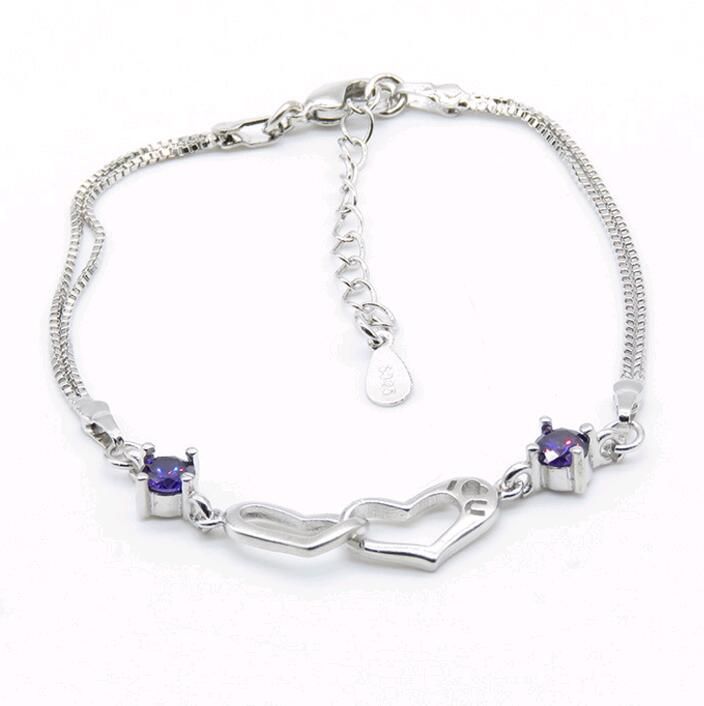 Fashion Charming 925 Sterling Silver Double Heart Purple Crystal Bracelet Gift 