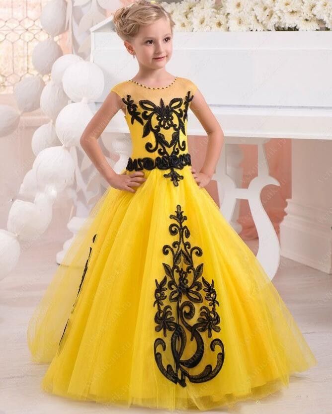 Nueva princesa amarilla bonita vestidos de niña de flores apliques de  encaje negro palabra de longitud