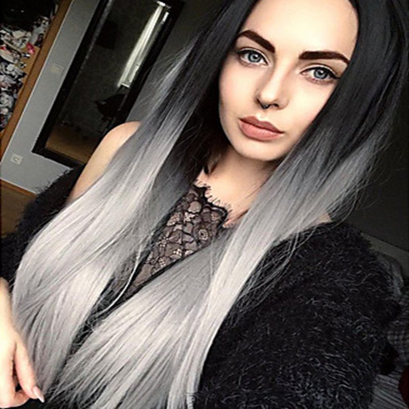 Sexy 2 Tones Black Gray Ombre Long Silky Straight Synthetic Lace Front Wigs For Black Women Glueless Synthetic Hair Wigs With Baby Hair Gray Hair Wigs