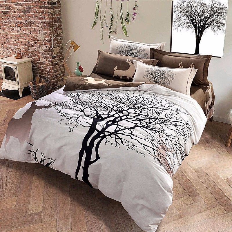 Tree Deer Print Bedding Set Thick Sanding Cotton Bed Linens Queen