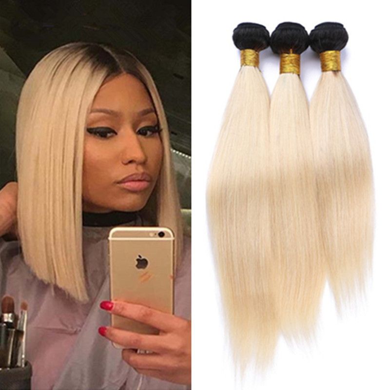 Two Tone 1b 613 Dark Root Ombre Straight Human Hair Weaving Weft 3 Bundles 9a Blonde Ombre Peruvian Hair Silky Straight Weaves Curly Hair Weave Curly