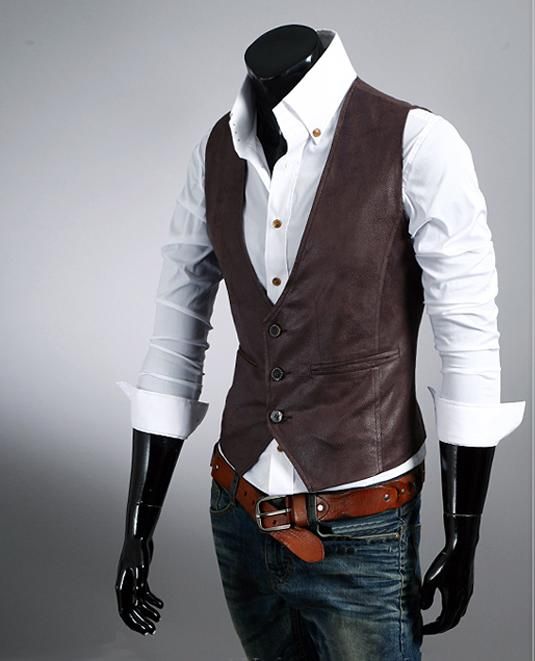 2021 PU Leather Vest Men Sleeveless V Neck Single Breasted Two Pockets ...