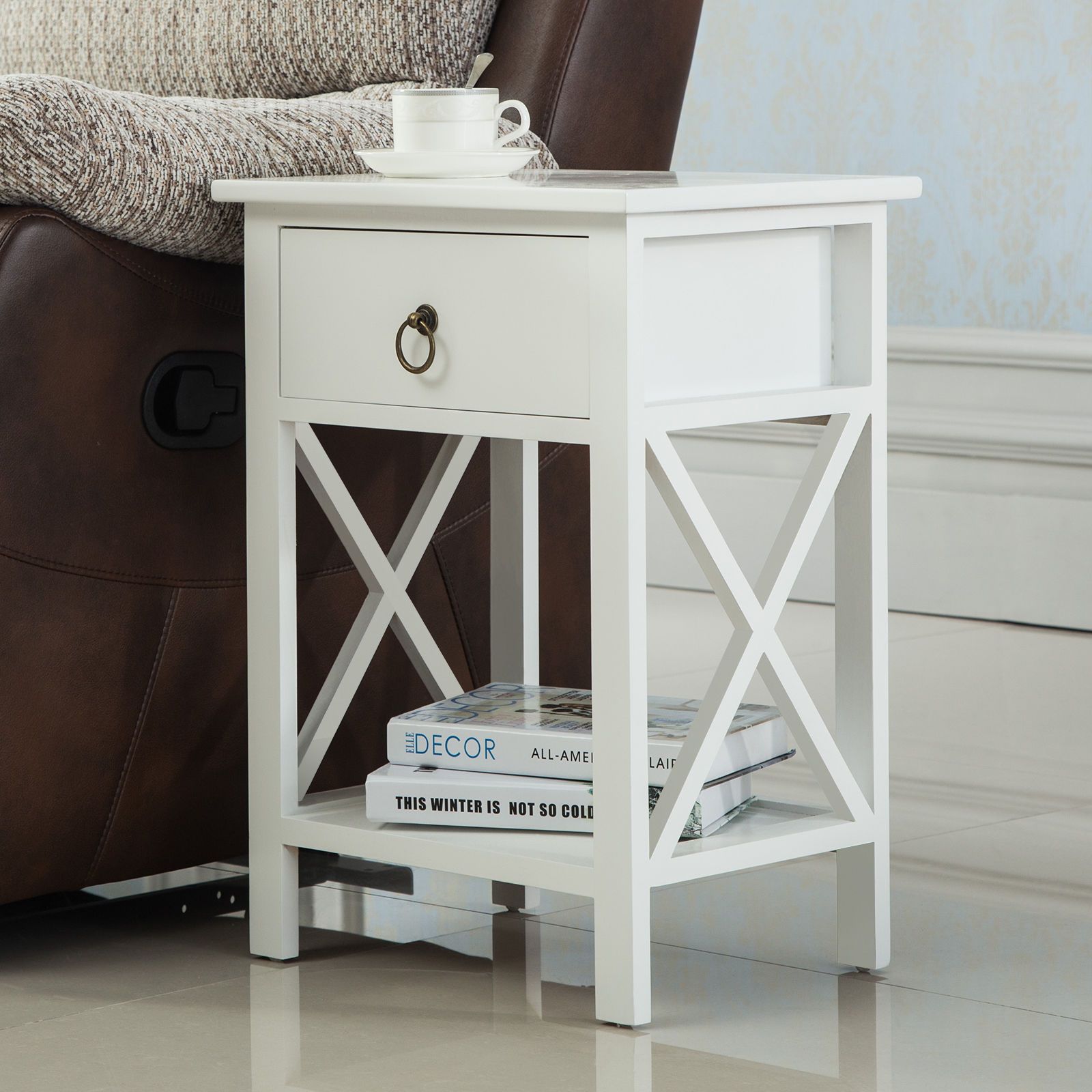 White Sofa End Side Bedside Table Nightstand Storage Wood Bedroom