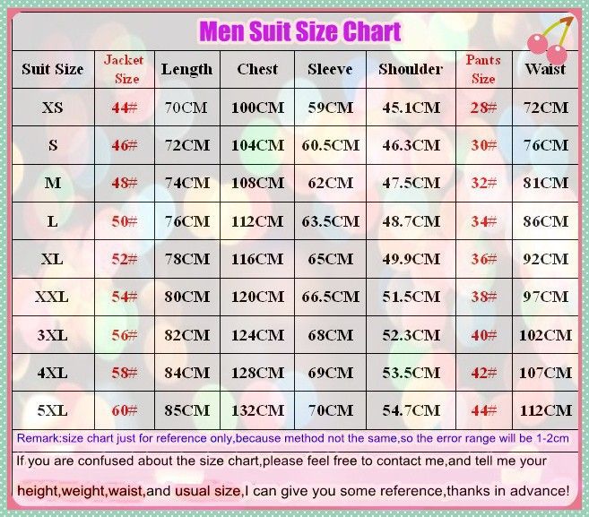 Mens Tuxedo Size Chart