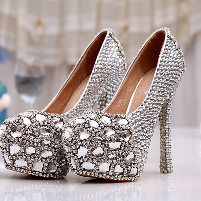 Women High Heel Prom Bridal Wedding Shoes Lady Platforms Silver Glitter Rhienstone Thin Heel