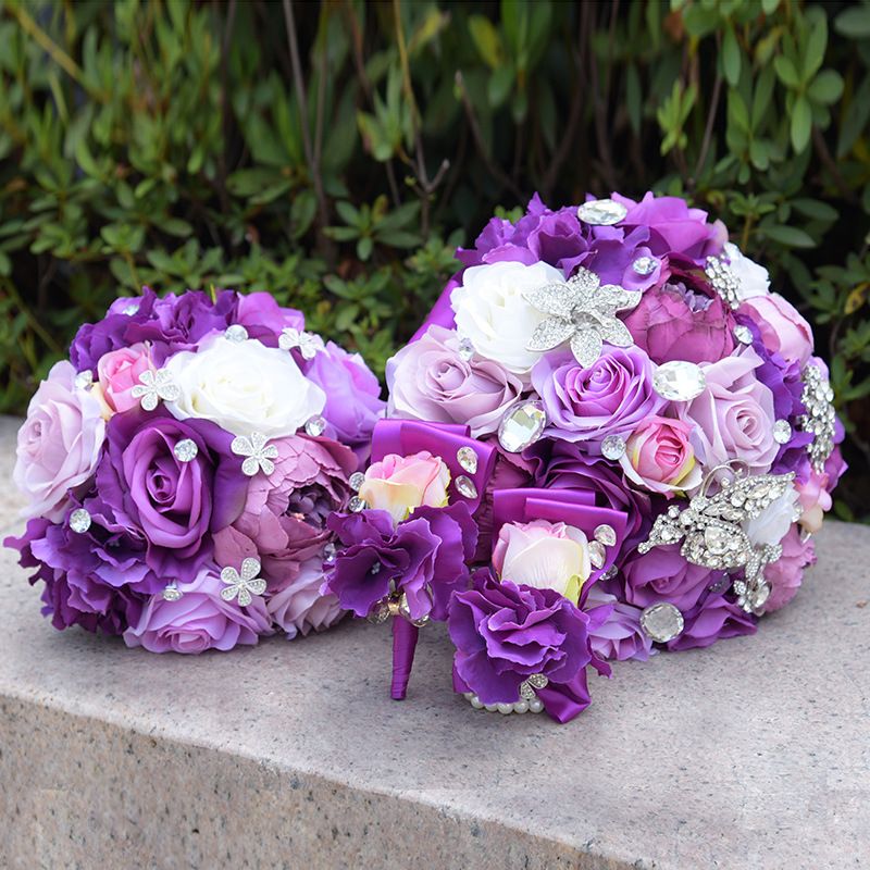 Acheter Bouquets De Mariage Artificiels Pourpre Fleurs Faites à La Main Avec Cristal Strass Demoiselle Dhonneur Broche Cristal Bouquet De Mariée