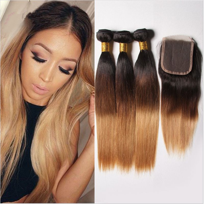 Grosshandel Honig Blonde Brasilianische Ombre Glattes Haar Bundles Mit Spitze Schliessung Dark Roots 1b 4 27 Haar Spinnt Mit Schnursenkel Fur Schwarze