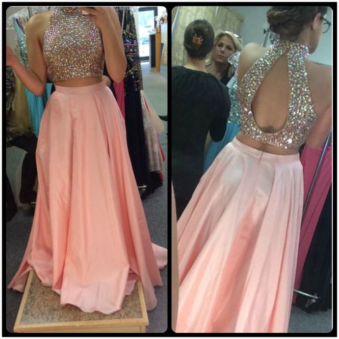 Prom Dress 2017 Unique Design High Neck Beaded Crystals Peach Pink