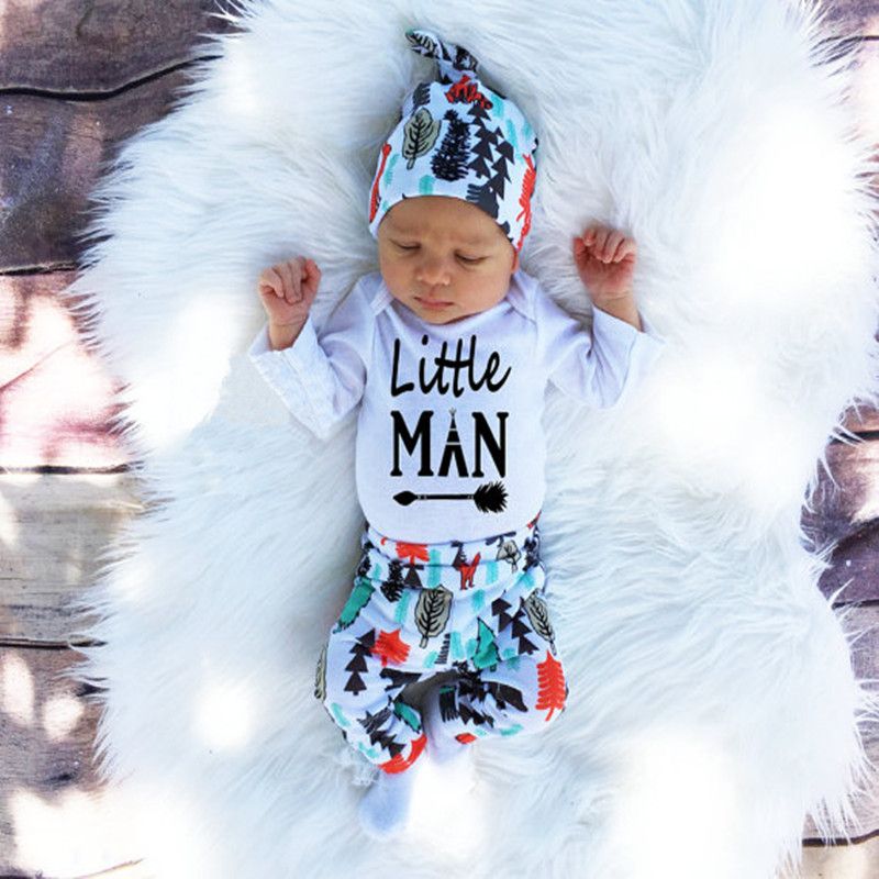 Newborn Kid Baby Boy Girl 3pcs Clothes Jumpsuit Romper Long Pants Hat Outfit Set