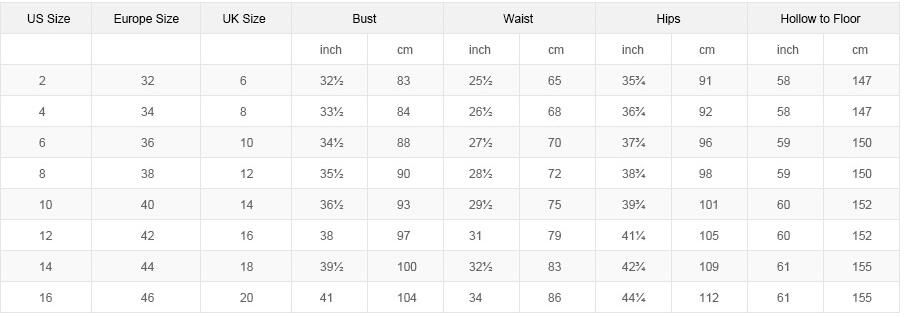 Prom Dress Size Chart