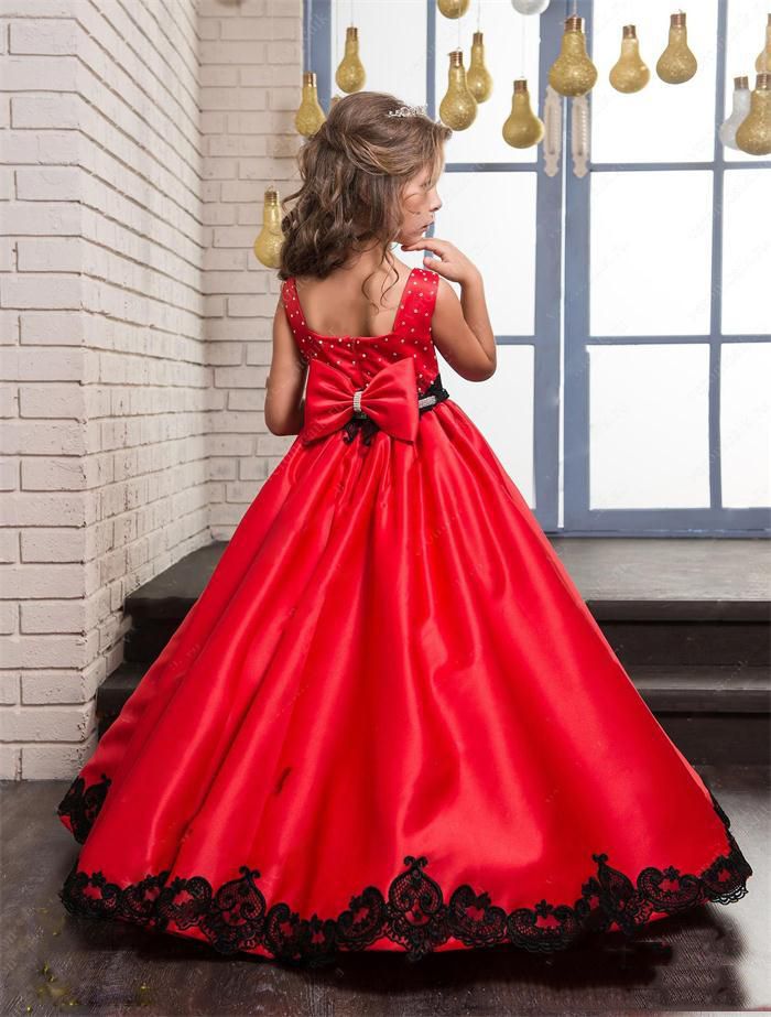 Vestidos rojos para niñas con flores Cuadrados con lazo Vestidos de desfile  Parte posterior Cremallera Peplum