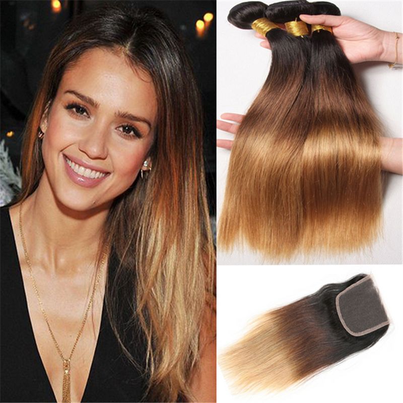 Honey Blonde Brazilian Ombre Straight Hair Bundles With Lace