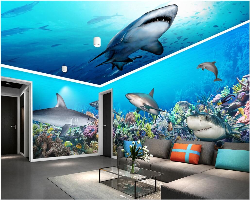 3d Wallpaer Custom Mural Photo Underwater World Shark House Background ...