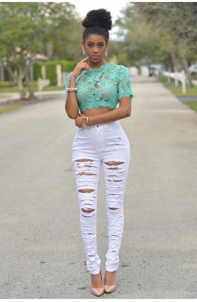 white cut up pants