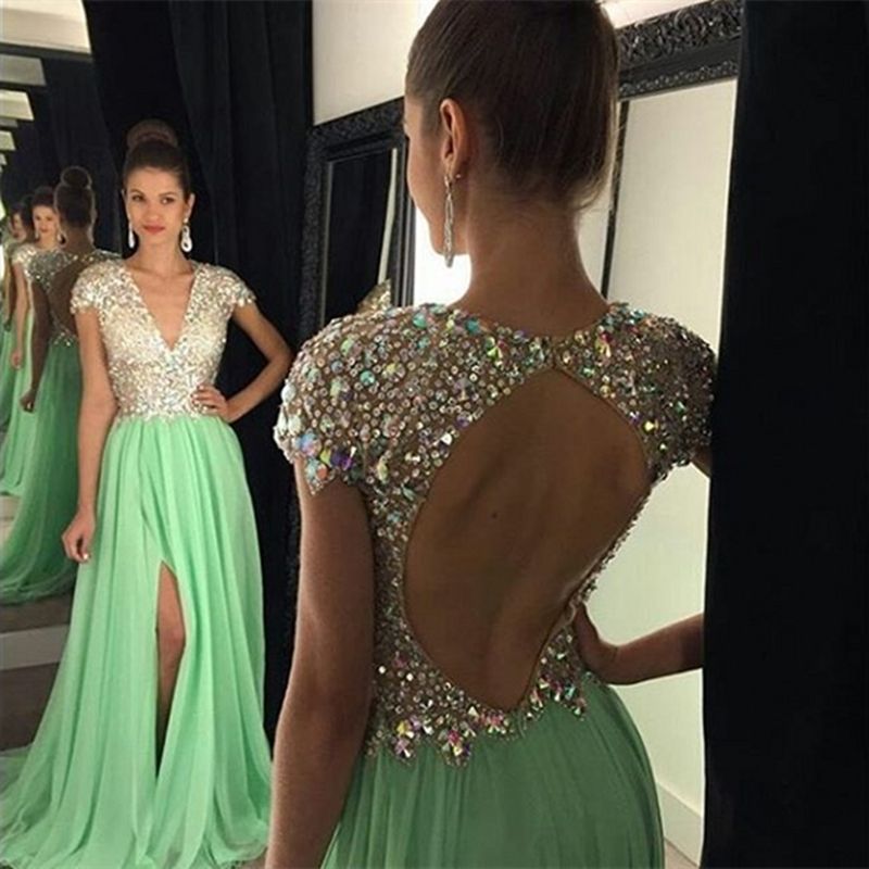 Sparkly Mint Green Prom Dresses Long With V-Neck Cap Sleeves Rhinestones Beaded Split Keyhole Backless Draped Chiffon Formal Evening Gowns