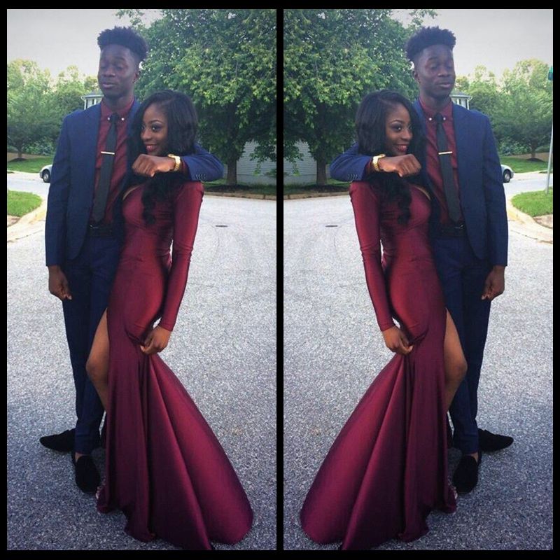 long sleeve split leg prom dress