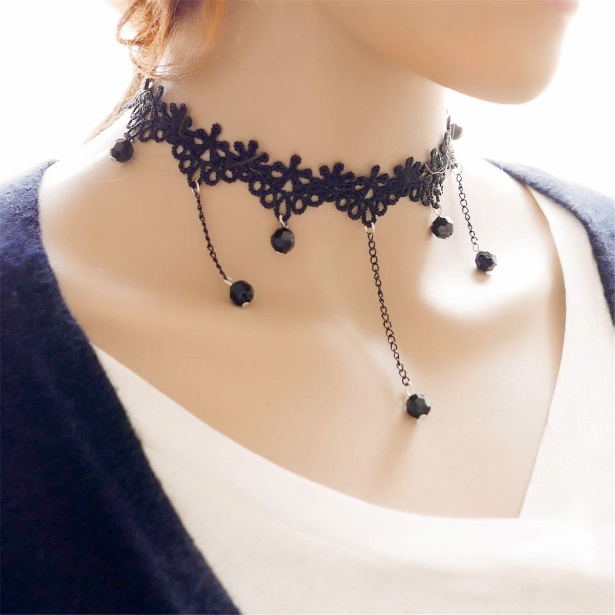 Retro Gothic Black Flower Lace Beaded Pendant Choker Necklace Women Jewelry Gift Retro Gothic Black Flower Lace Beaded Pendant Choker Necklace Women Jewelry Gift