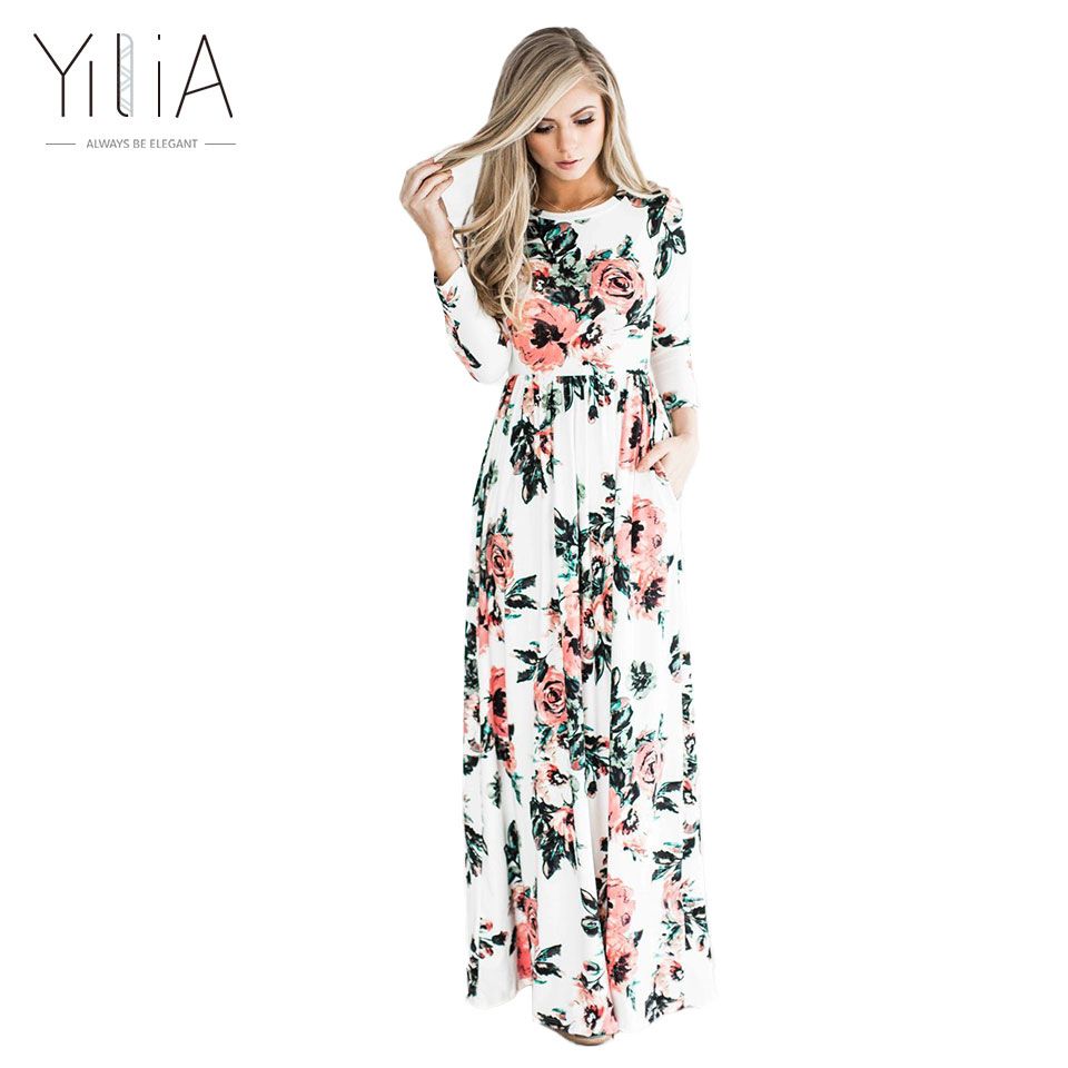 Acheter Yilia Robe Longue Femmes Imprimé Floral Dété Maxi Robe à Manches Longo Boho Bohème Chic Plage Tunique Casual Parti Robes Vintage Q171125 De