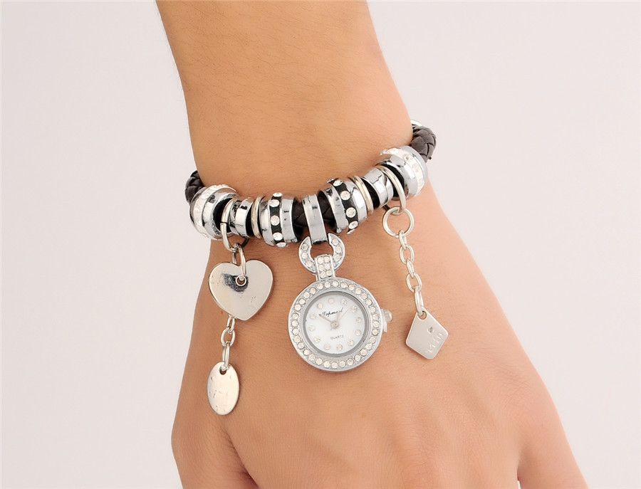 Acquistare Orologio Al Quarzo Argento Cinturino In Pelle Intrecciata PU  Cinturino Con Perline Charms Bracciali Ciondolo Orologio Donna Abito Orologi  Cuore Cuore Bracciali Economico | Consegna Veloce E Qualità | It.Dhgate
