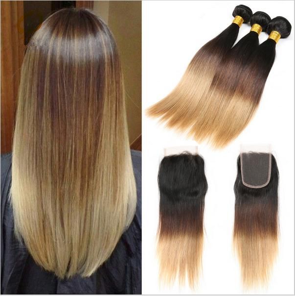 1b 4 27 Honey Blonde Ombre Brazilian Hair 3bundles With Lace Closure Dark Roots Three Tone Silky Straight Ombre Hair Weaves With Closure Wet N Wavy