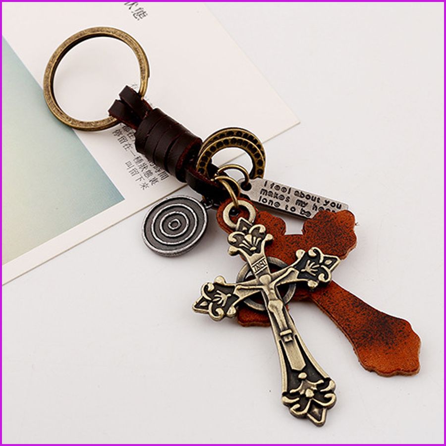 Leather Alloy Retro Christian Cross Keychain Key Ring Holder Charm, Car