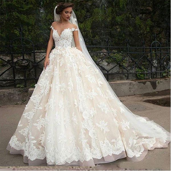 Amazing Puffy Wedding Dress White Champagne Ivory Ball Gown Sheer ...