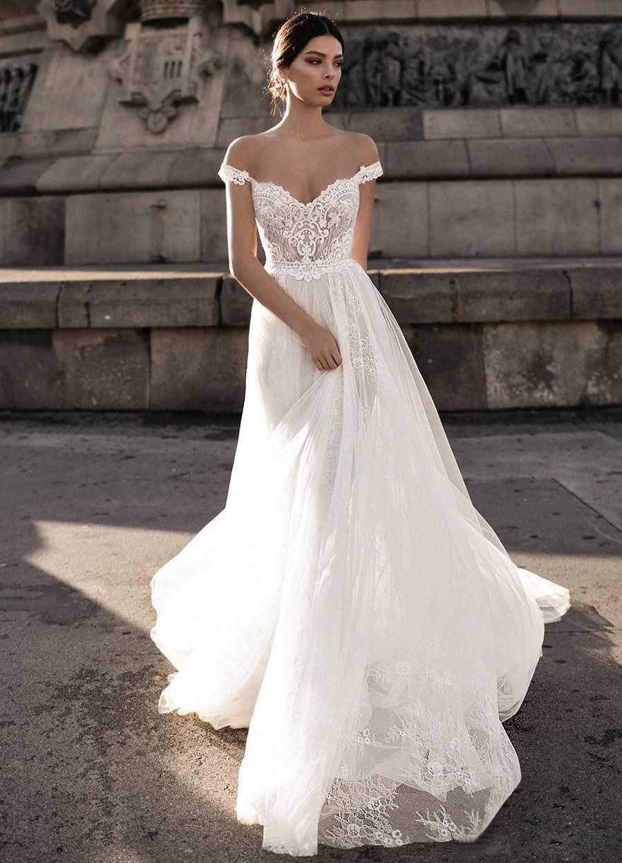 lace and tulle off the shoulder wedding dress