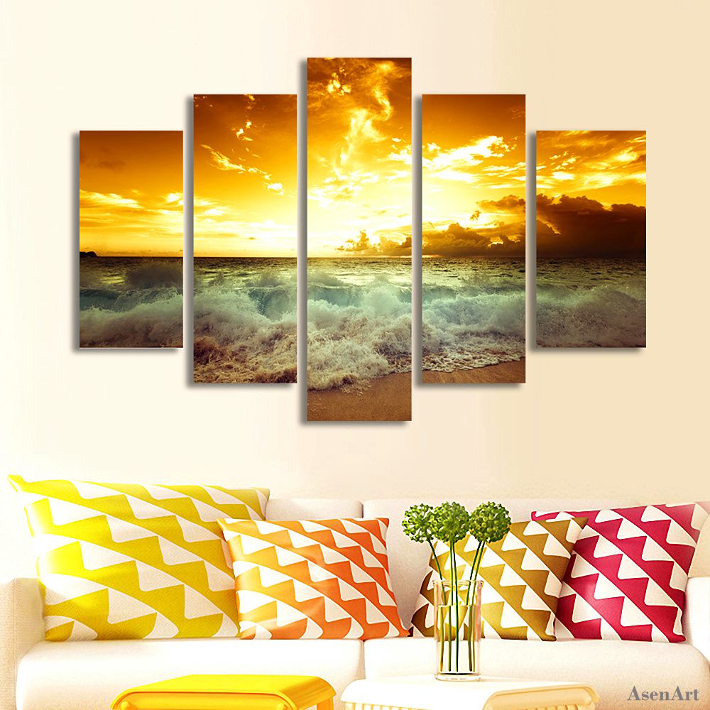 Acheter 5 Panneau Doré Coucher De Soleil Bord De Mer Peinture Mur Art Impressions Sur Toile Peintures Murales Pour Chambres Décor à La Maison Sans
