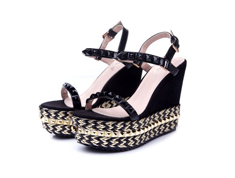 black high heel wedge sandals